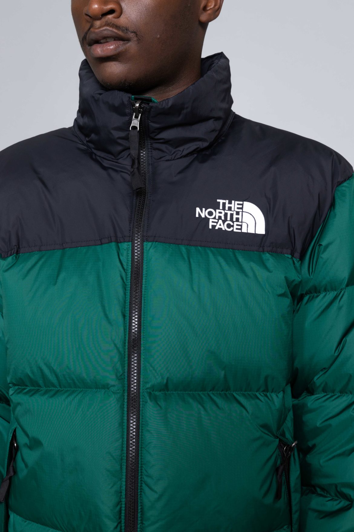 green and grey north face jacket